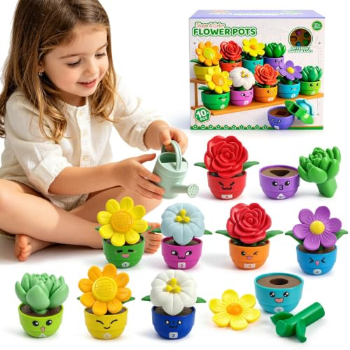 Ninigai Montessori Flower Garden Building Toy for Girls & Boy, Toddler Gardening Set with 10 Shape & Number Flowers, Preschool Learning Matching & Stacking Game, Sensory Toys Gifts for 1 2 3 Year Old