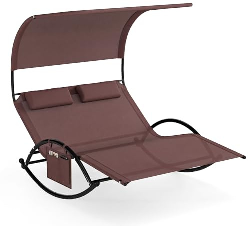 Giantex - Tumbona de jardín para 2 personas, bolsillo lateral, tumbona doble basculante, carga 300 kg, toldo parasol, 2 almohadas extraíbles, marco de metal, para jardín, color marrón