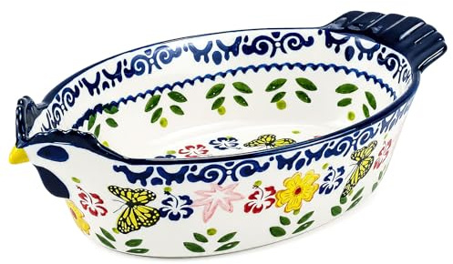 Chicken Shaped Ceramic Casserole Dish, 800ml Oval Baking Pan with Handles | Vintage Floral Ceramic Bakeware, Oven to Table Design, for Lasagne, Quiche, Soup, Roasting, Serving and Daily Dining