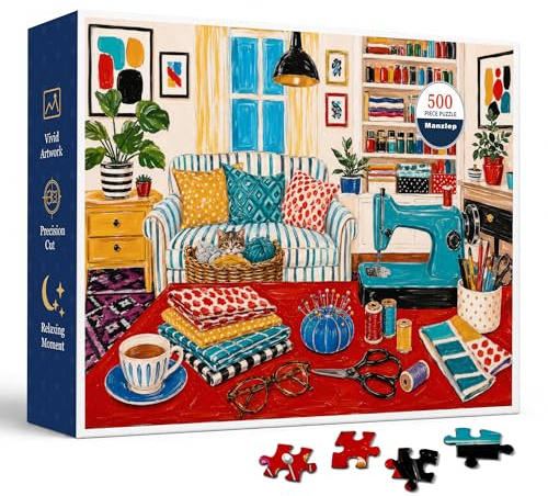 Sewing Craft Room 500 Piece Jigsaw Puzzle for Adults, Colorful Art Studio Scene with Vintage Machine, Fabric Stacks, Plants, Sofa and Craft Supplies, Creative Hobby Puzzle with Poster, 20.5 x 15 in