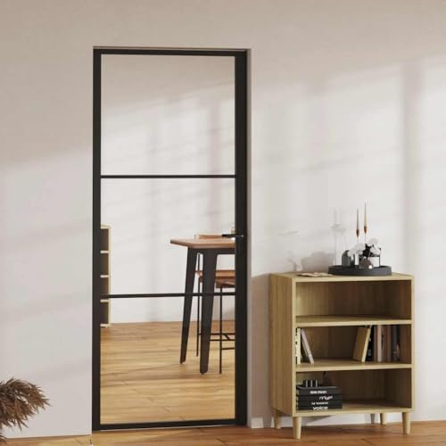 Mangloder - Porta interna in vetro ESG in alluminio, 83 x 201,5 cm, nero, con vetro temperato da 5 mm, accessori di montaggio, maniglia in lega di alluminio per telaio in legno, stile moderno, vetro