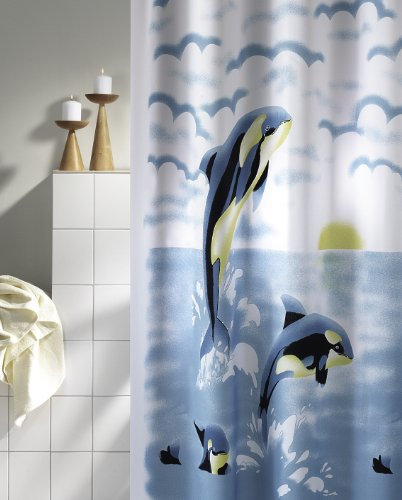DUSCHVORHANG ORCA weiss blau gelb 180cm breit x 200cm lang