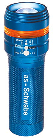 as – Schwabe LICHTFABRIK LED Taschenlampe 1 W 70-100 Lm - Handlampe mit 2 Leuchtstufen - Zoom 0-5m - robustes Aluminium - 6400K Tageslicht - inkl. Batterien - 11 cm - IP30, 42804