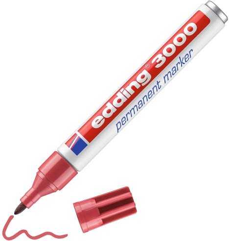 edding 3000 Permanentmarker - karmin-rot - 1 Stift - Rund-Spitze 1,5-3 mm - schnell trocknender Permanent Marker - wasserfest, wischfest - für Karton, Kunststoff, Holz, Metall - Universalmarker