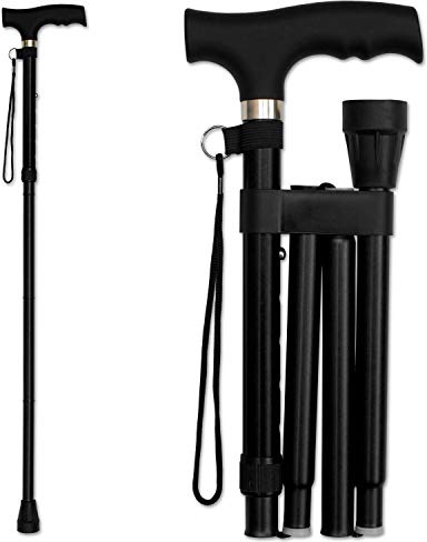 RMS Folding Cane - Foldable, Adjustable, Lightweight Aluminum Offset Walking Cane - Collapsible Walking Stick with Ergonomic Derby Handle - Ideal Daily Living Aid for Limited Mobility (Black)