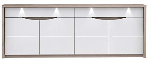 FORTE Saint Tropez Kommode mit 4 Türen, 2 Schubkästn, Holzwerkstoff, Weiß Glanz kombiniert mit Sandeiche, 52,7 x 227,1 x 84,4 cm