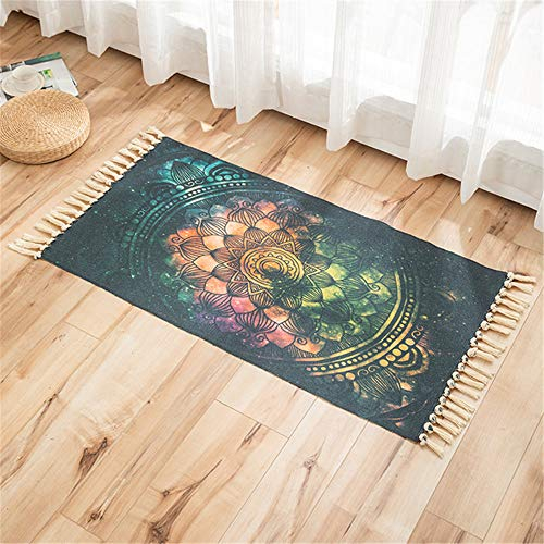 Morbuy Baumwoll Teppiche mit Quasten, Indischer Stil Mandala Bedruckte Gewebte Teppich Waschbar Teppich Läufer Ideal für Wohnzimmer, Terrassen, Schlafzimmer (60x110cm,Bunt)