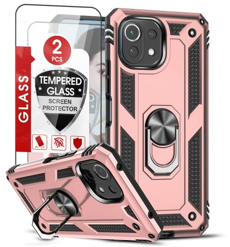 LeYi Coque pour Xiaomi Mi 11 Lite 5G NE/Mi 11 Lite 4G&5G avec [2 Verre Trempé], Anneau Support Militaire Anti-Chute Renforcée Défense Bumper Antichoc TPU Souple et PC Rigide Protection Etui Or Rose