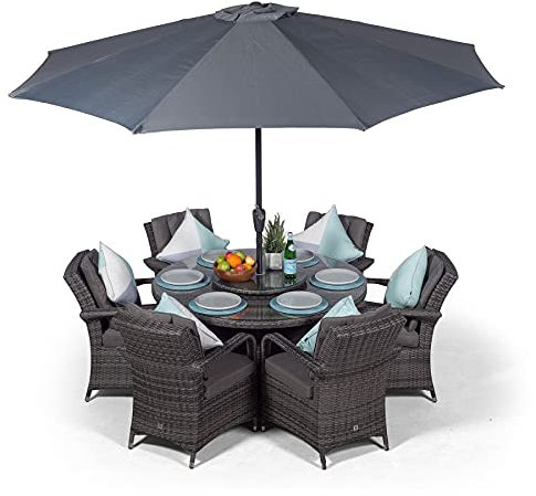 Arizona Luxury Rattan Dining Set | Round 6 Seater Wicker Garden Dining Furniture with Parasol & Cover (Grey)