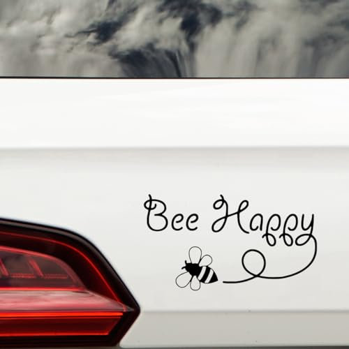 Bee Happy Cute Inspirational Sticker Waterproof Decal - Cars, Laptop, Wall Art, Kids Room Decor, Fun Gifts (Black)