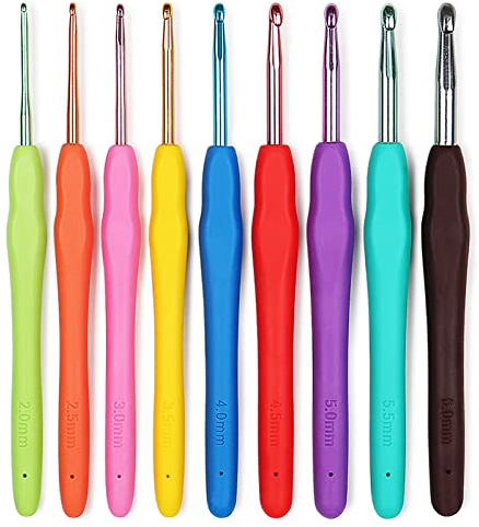 Aeelike Häkelnadel Set Ergonomisch Häkelnadeln mit Bunter Häkelkopf, 2,0-6,0 mm Aluminium Häkelnadeln Set für Anfänger, Ergonomische Häkel Set mit Weichem Silikongriff für Arthritische Hände