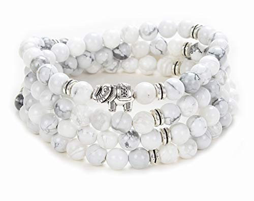 108 Mala-Stein-Perlen-Halsketten-Wrap-Handgelenk-Armband mit Elefanten-Charme-handgemachtes Schmuck-Geschenk (Weißer Howlith (White Howlite))