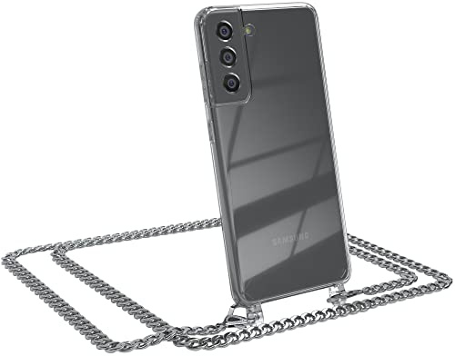 EAZY CASE Handykette kompatibel mit Samsung Galaxy S21 FE 5G Handyhülle mit Metal Umhängeband und Ersatz Kordel schwarz, Handykordel mit Schutzhülle, Stylische Kette, Metal - Silber