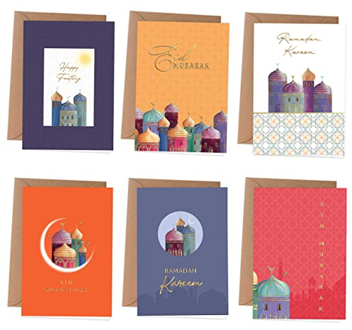 Papierdrachen 6 Klappkarten zu Ramadan | 6 Grußkarten als Klappkarte inklusive Umschlag zum Zuckerfest - Grüße an die Familie - Stilvolles Design zu Ramadan - Motiv bunt & goldfoliert - Set 2