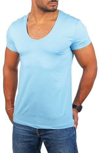 Young & Rich Herren Uni T-Shirt Basic mit extra tiefem V-Ausschnitt Slimfit deep V-Neck Stretch dehnbar 1315, Grösse:S, Farbe:Hellblau