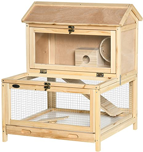PawHut Kleintierkäfig Kleintierstall Nagerkäfig mit Bodenwanne und Rampe Meerschweinchenstall Holzkäfig Kleintier Tannenholz Natur 63,5 x 62 x 78 cm