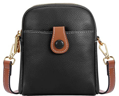 HUA ANGEL Femme Sac à Bandoulière avec Porte Monnaie Cuir Véritable Sac de Téléphone Léger Sac D'épaule Double Fermeture à Glissière Portefeuille de Téléphone