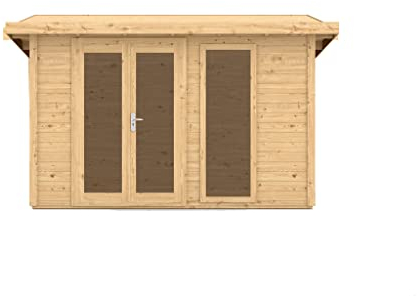 Woodtex Holz Gartenhaus Homeoffice Karvo 2 | Wandstärke 28 mm | Naturbelassen | BxTxH: 405,8 x 304,8 x 228,7 cm | Inkl. Ganzglastür & 2 Fenster