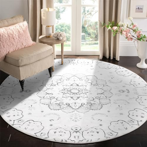 Carvapet Teppich Rund 150cm Weich und Flauschig Teppich Gegend Kreis rutschfest Waschbar Blumendrucke Bodenteppich Wohnzimmer Schlafzimmer(Grau)