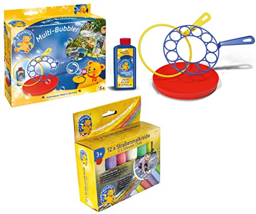 PUSTEFIX Multi Bubbler + MALEFIX Straßenmalkreide 12er I Seifenblasenwasser 250ml, Bunte Ringe & Teller + eine Box leuchtender Straßenkreide Farben