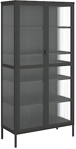 vidaXL Highboard, Sideboard mit 4 verstellbaren Regalböden, Kommode Wohnzimmerschrank mit Glastüren, Schrank Anrichte Beistellschrank, Schwarz Glas Stahl