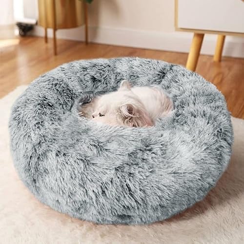 CALIYO Katzenbett Flauschig, Hundebett Kleine Hunde, Katzenkissen Hundekissen Waschbar, Trocknergeeignetes Katzen Bett, Hundebetten Rund Katzenkörbchen Durchmesser 60 cm(Grau)