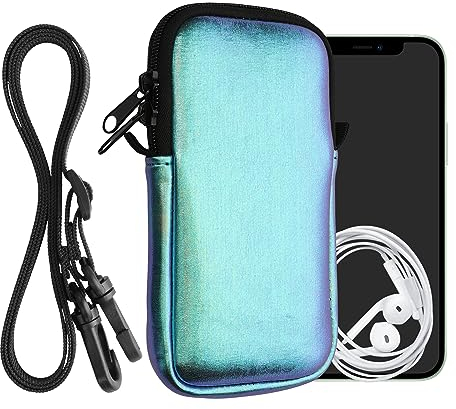 kwmobile Handytasche für Smartphones XL - 6,7/6,8 - Neopren Handy Hülle Metallic Petrol mit Kordel - Handy Tasche mit Handykette 17,2 x 8,4 cm Innenmaße