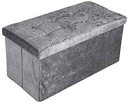 New Foldable Storage Boxes Seat Foot Stool Crushed Velvet and Corduroy Material Ottoman Storage Box with Lids for Kids Toys Bedroom Hallway Living Room (Crushed Velvet Silver, 78 x 38 x 38 cm)
