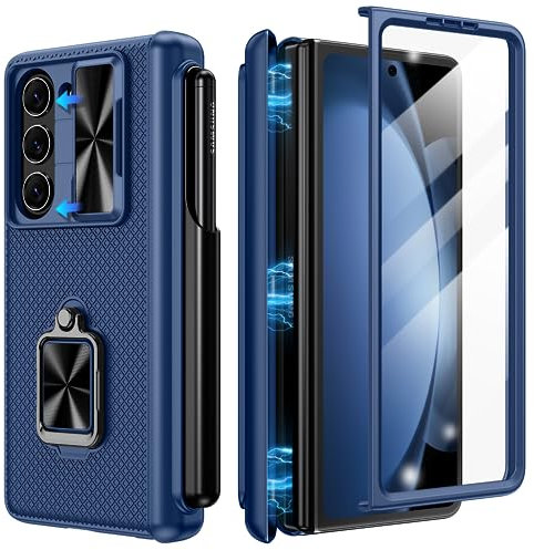 Doeshine Coque Samsung Galaxy Z Fold 5, Porte-S Pen, 360 ° Rotatif Support, Protection D'écran et L'appareil Photo, Protection Contre Les Charnières, Armor Cover Case Housse 2023 (Bleu)