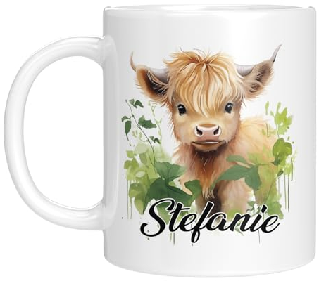 TassenTicker - Personalisierte Kindertasse mit Namen - mit Tieren - für Jungen & Mädchen - Tasse - Geschenk - Geburtstagsgeschenk - Namensgeschenke - Keramik - 330 ML (Kuh)