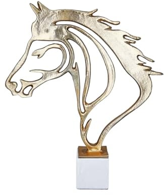 GILDE große Deko Figur Skulptur Pferdekopf - Tierfigur Dekofigur aus Aluminium Marmor Farbe: Gold Weiß - Dekoration Geschenk Pferedefreunde Reiter Höhe 44,5 cm