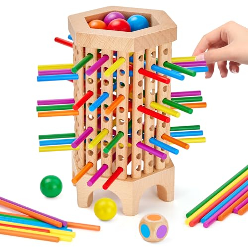 Montessori Spiel Holz Brettspiele ab 3 4 5 Jahre,36 Stück Bunte Stäben Würfelspiel Feinmotorik Holzspielzeug Lernspielzeug, Pädagogisches Kinderspiel Familienspiele Reisespiel für Mädchen und Jungs