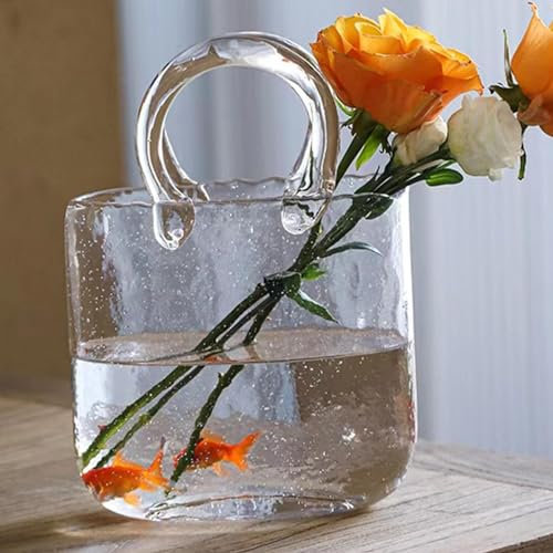 Huasean Glass Purse Vase For Flowers,Clear Hand Blown Glass Vases,glass Hand-bag Vase Summer Decor,Unique Glass Tote Bag Vase,Small Glass Fish Bowl Flower Vase Modern Home Decor