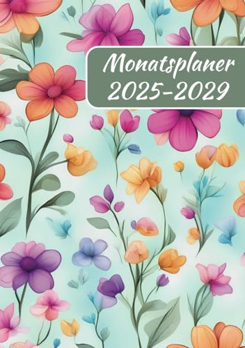 Monatsplaner 2025-2029: 5 jahres-kalender, von Januar 2025 bis Dezember 2029, ein Monat auf zwei Seiten.