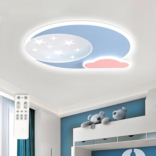 LUCKINHAND LED Deckenleuchte Blau Stern Mond Deckenleuchte Dimmbar mit Fernbedienung,Nachtlichtfunktion,Kinderzimmer Schlafzimmer Wohnzimmer Flur Jungen und Mädchen Schlafzimmer Deckenleuchten 40cm
