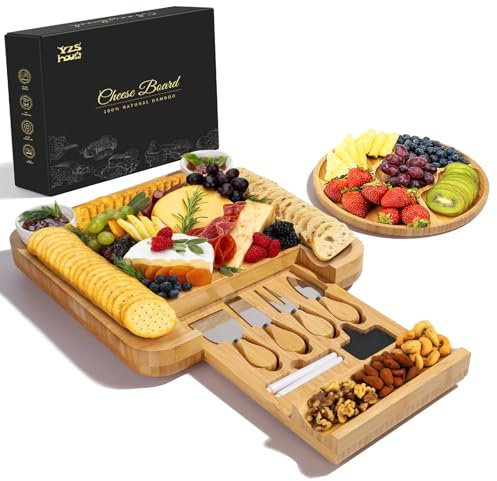 YZS Bambus Charcuterie Boards Geschenkset: Käsebrett-Set mit Charcuterie Board Zubehör, einzigartig, Hauseinweihungsgeschenke, neues Zuhause, Hochzeitsgeschenke für Paare, Brautparty-Geschenk