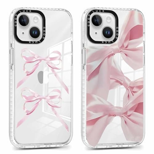 RUMDEY 2 Pack Clear Bow Phone Case for iPhone 13 / iPhone 14 6.1 inch, Cute Aesthetic Pattern Design Protective Soft Slim Shockproof TPU Bumper Cover for Girls Woman-Pink Bow