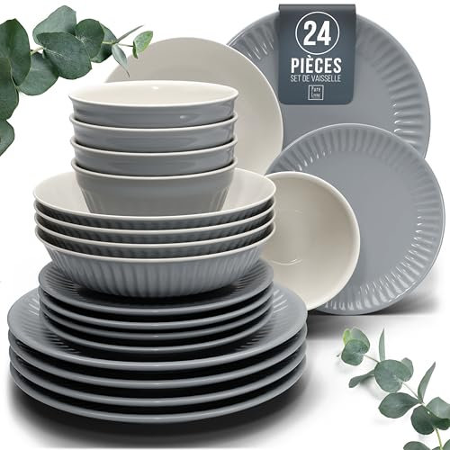 Steingut Geschirrset 6 Personen Hygge 24 tlg. TESTSIEGER, Traumhaftes Skandinavisches Steingut Geschirr Set, Schüssel- und Teller Set, Tafelservice 6 Personen, Geschirrsets Pure Living in Graublau