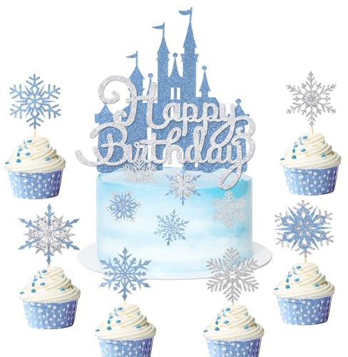 Wootkey 26Pcs Ice Castle Cake Toppers Double Layer Silver Blue Snowflake Cupcake Toppers Winter Wonderland Cake Decorations for Princess Happy Birthday Baby Shower Party Supplies