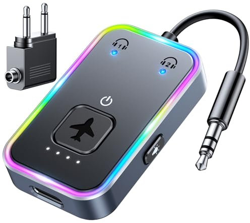 ISEYOU Airplane Bluetooth Adapter, Bluetooth Headphone Adapter with 3.5mm AUX for Up to 2 AirPods, Low Latency Bluetooth Transmitter for TV, Airplane, Computer, MP3, and Gym