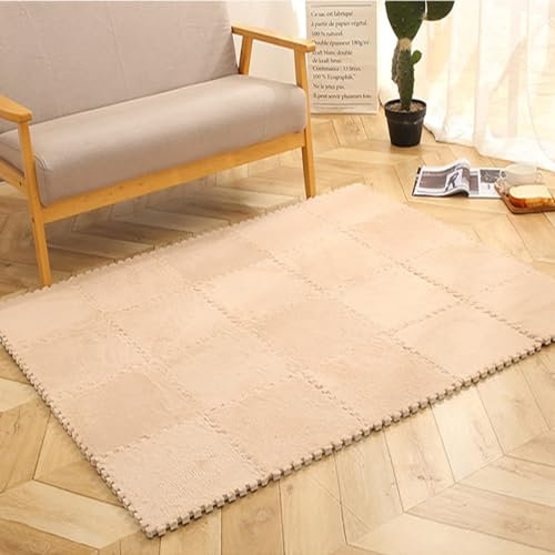 HGOuhK Plush interlocking carpet tiles Interlocking Floor Mat, Plush Foam Area Rug, Fluffy Soft Puzzle Square Rug For Living Room, Bedroom, 48pcs(Apricot)