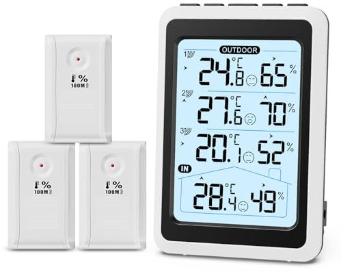 Brifit Thermometer Hygrometer mit 3 Sensoren, Thermometer Innen Außen, Luftfeuchtigkeitsmesser, Raumthermometer mit Max und Min Funktion, ℃/℉ Schalter, Trendanzeige, Reichweite bis zu 100M/328FT