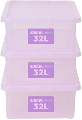 Wham Plastic Storage Boxes With Lids Home Office Stackable Nestable Container Box, 32L Easy fit Underbed Protective Storage Box, 60 x 40 x 18 cm - Tint Lilac (Set of 10)