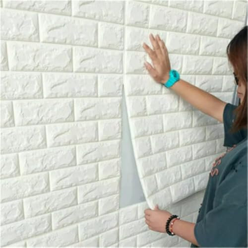 NEW-YIJUNSHUN 20PCS 3D Brick Wallpaper, 3D Tile Brick Wall Sticker, Waterproof,Masonry Effect, Home Decoration, 3D Wall Panel,Suitable for Kitchen, Bathroom, Living Room (White)