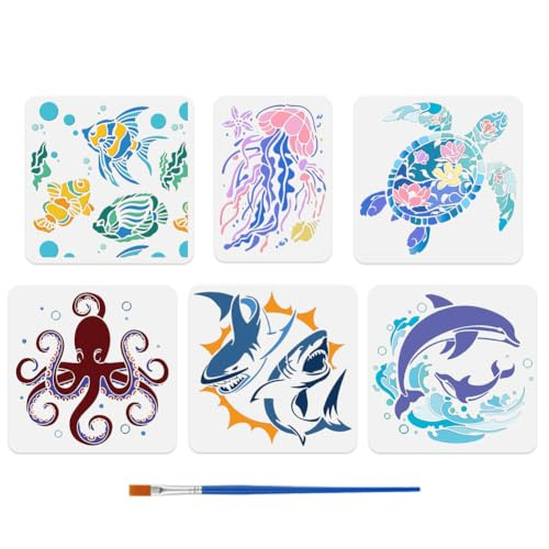 DOODLREAM 6 Stück Meerestier Schablonen Zum Malen Meeresschildkröte Qualle Oktopus Schablone Zeichenvorlagen Pinseln Hai Delfin Fisch DIY Handwerk Farbe Vorlagen Wand Home Decor Holz Brennen
