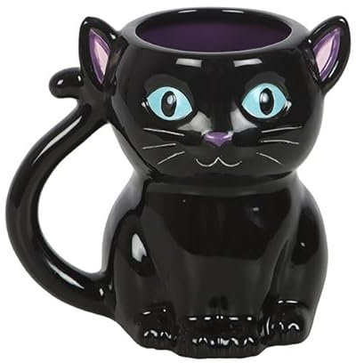 Cute and Creepy Black Cat Shaped Mug with Blue Eyes and Curled Tail Handle – Perfect for Gothic, Witchy, and Cat Lovers – 500ml Ceramic Mug for Coffee, Tea, and Magical Brews