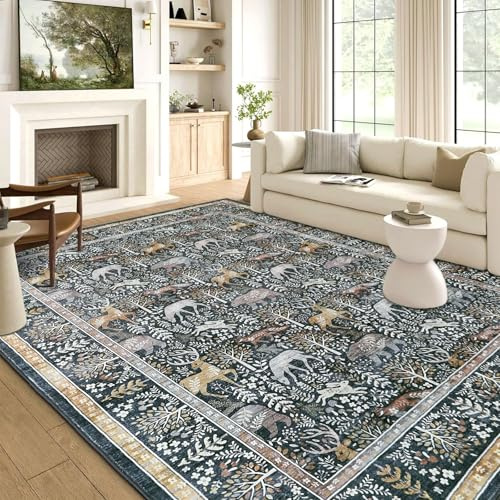 WONGS BEDDING Vintage Waschbar Teppich Boho Blumen Kurzflor 160x230cm,Tiere | Boho Orientalisch Teppich Floral rutschfest Weich Carpet für Wohnzimmer Schlafzimmer Büro Essenzimmer
