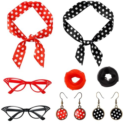 Rockabilly Accessoires Damen, 8-teiliges Set für 50er Jahre Outfit Damen, Vintage Styling für Rockabilly Kleider Damen, Petticoat Kleid Damen, 60er Jahre Outfit Damen, Rockabilly Schuhe Damen