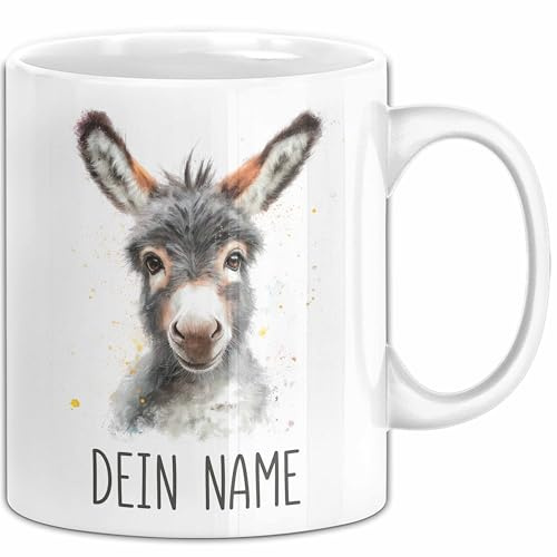 Esel Tasse mit Namen – Personalisierte Geburtstag Tasse Geschenkidee Tiermotiv Lustiger Becher mit Namen (Weiß)