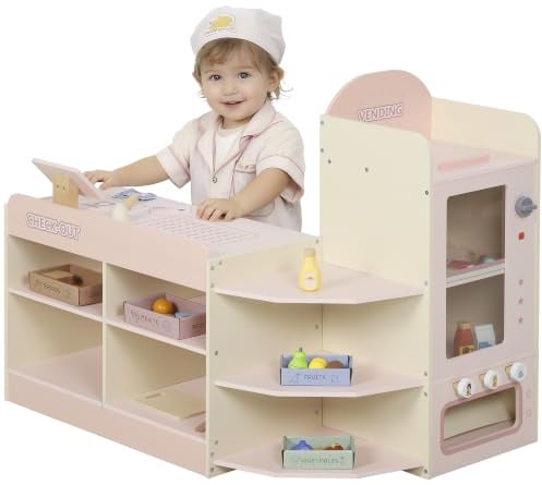 AIYAPLAY Supermarkt für Kinder, Kaufmannsladen aus Holz mit Registrierkasse, Verkaufsautomat, Regalen und Lebensmittelzubehör, Kaufladenspiel für Kinder ab 3 Jahren, rosa
